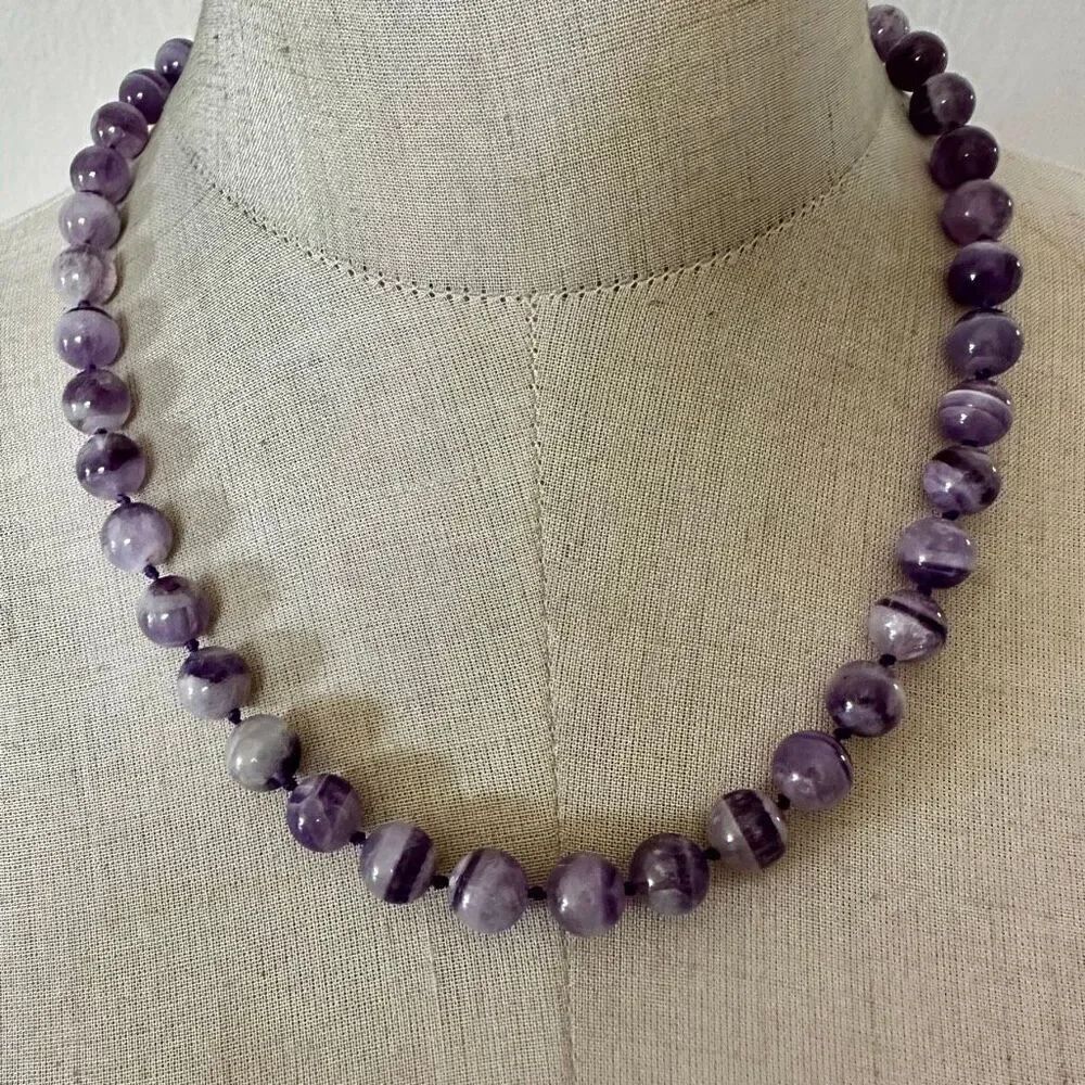 Banded Amethyst Beaded Necklace with Gold-Tone Filigree Clasp